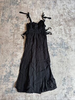 Women's Black Smocked Maxi Dress with Tie Straps